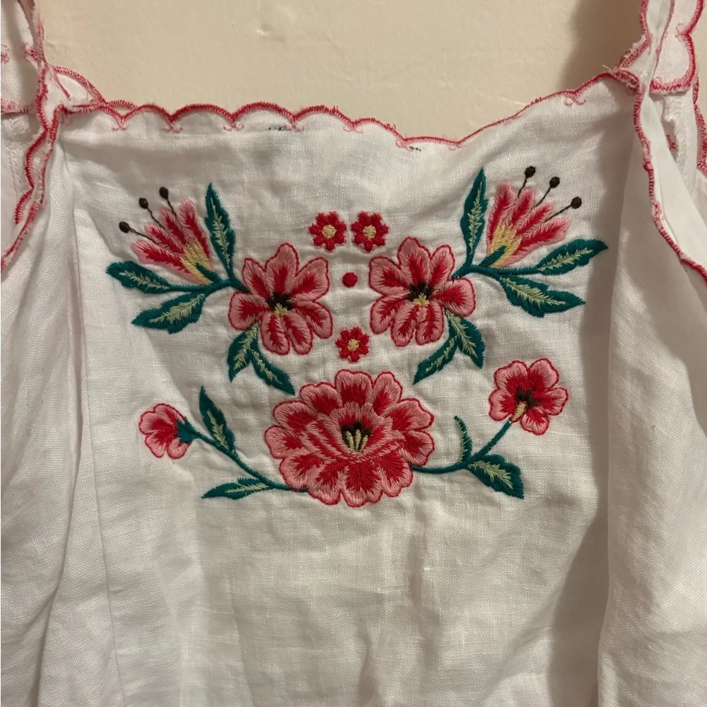 J.Crew Embroidered Scallop Trim Linen Strappy Top Floral - Picture 6 of 6